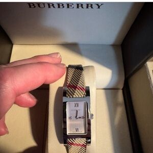 BURBERRY | Silver and Tan Watch with Signature Plaid Rectangular Face